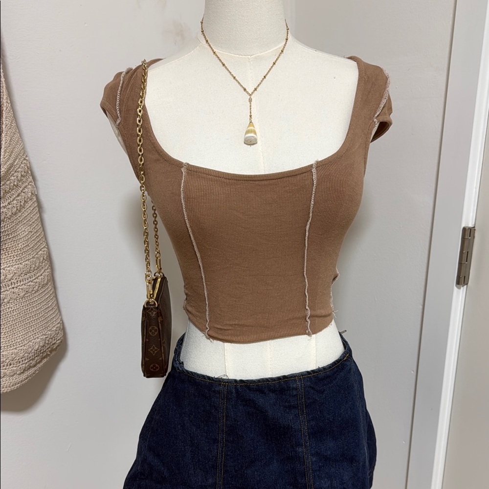 JLUXLABEL Brown Square-Neck Seam Detail Crop Top - Women